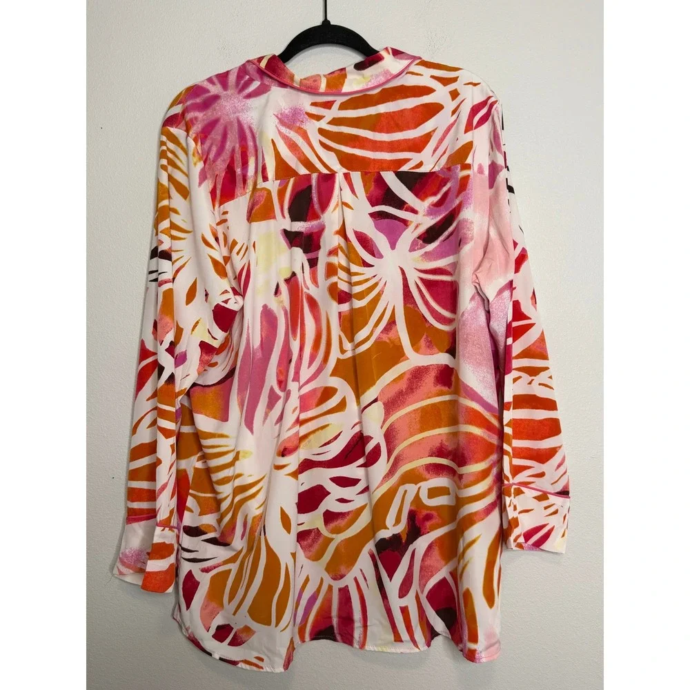 Natori Pajama Set Women's XL Pink Orange Abstract Floral Button Top Pants Lounge